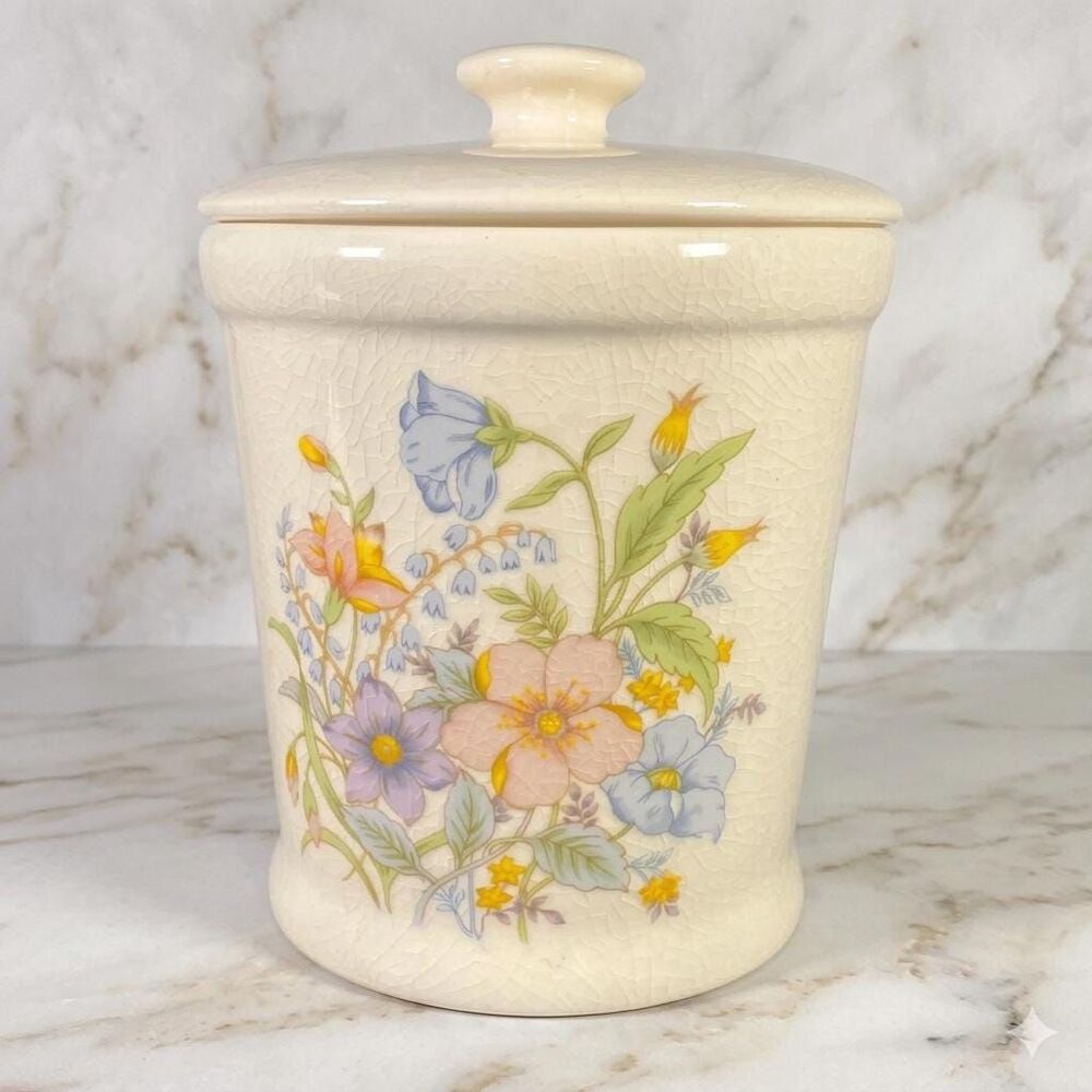 Vintage Alco Spring Floral Ceramic Crackle Glaze Canister Shabby Chic Farmhouse